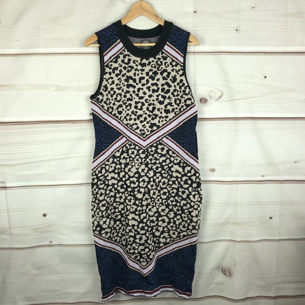 Vince Camuto Dress Womens L Leopard Print Bodycon Crew Neck Sleeveless Pullover
